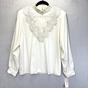 NWT Vintage Eva Laurel Satin Lace Blouse Womens 16 White High Neck Long Sleeve
